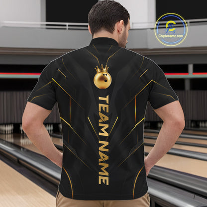Men wearing personalized bowling quarter zip shirt with a crowned bowling ball accent paired with gold line patterns across a black layout.