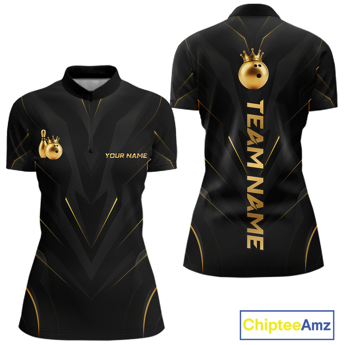 Front and back view personalized bowling quarter zip shirt with a crowned bowling ball accent paired with gold line patterns across a black layout.