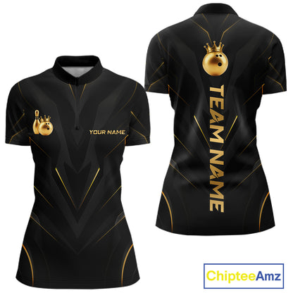 Front and back view personalized bowling quarter zip shirt with a crowned bowling ball accent paired with gold line patterns across a black layout.