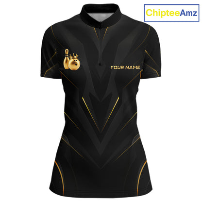 Front view personalized bowling quarter zip shirt with a crowned bowling ball accent paired with gold line patterns across a black layout.