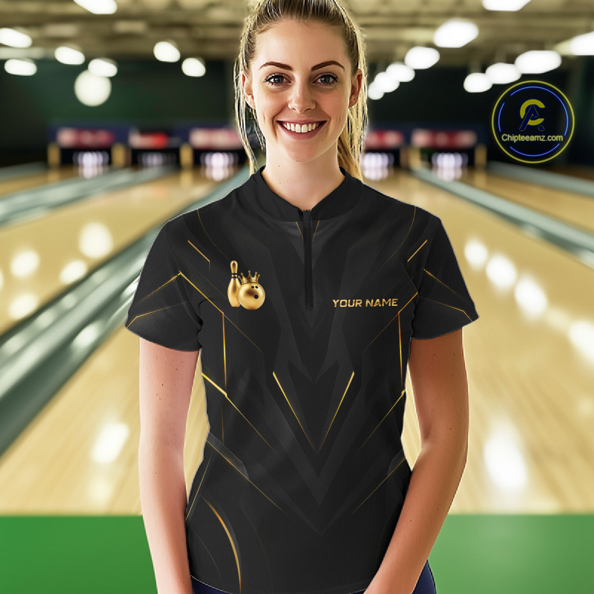 Women wearing personalized bowling quarter zip shirt with a crowned bowling ball accent paired with gold line patterns across a black layout.