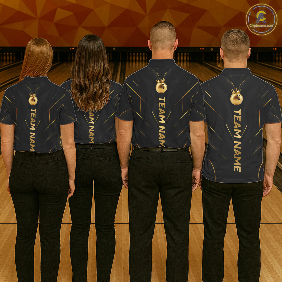 Four people wearing personalized bowling polo shirt with a crowned bowling ball accent paired with gold line patterns across a black layout.