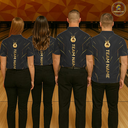 Four people wearing personalized bowling polo shirt with a crowned bowling ball accent paired with gold line patterns across a black layout.