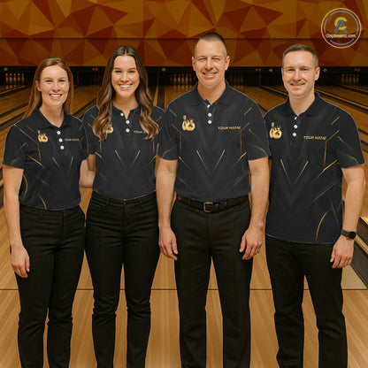 Four people wearing personalized bowling polo shirt with a crowned bowling ball accent paired with gold line patterns across a black layout.