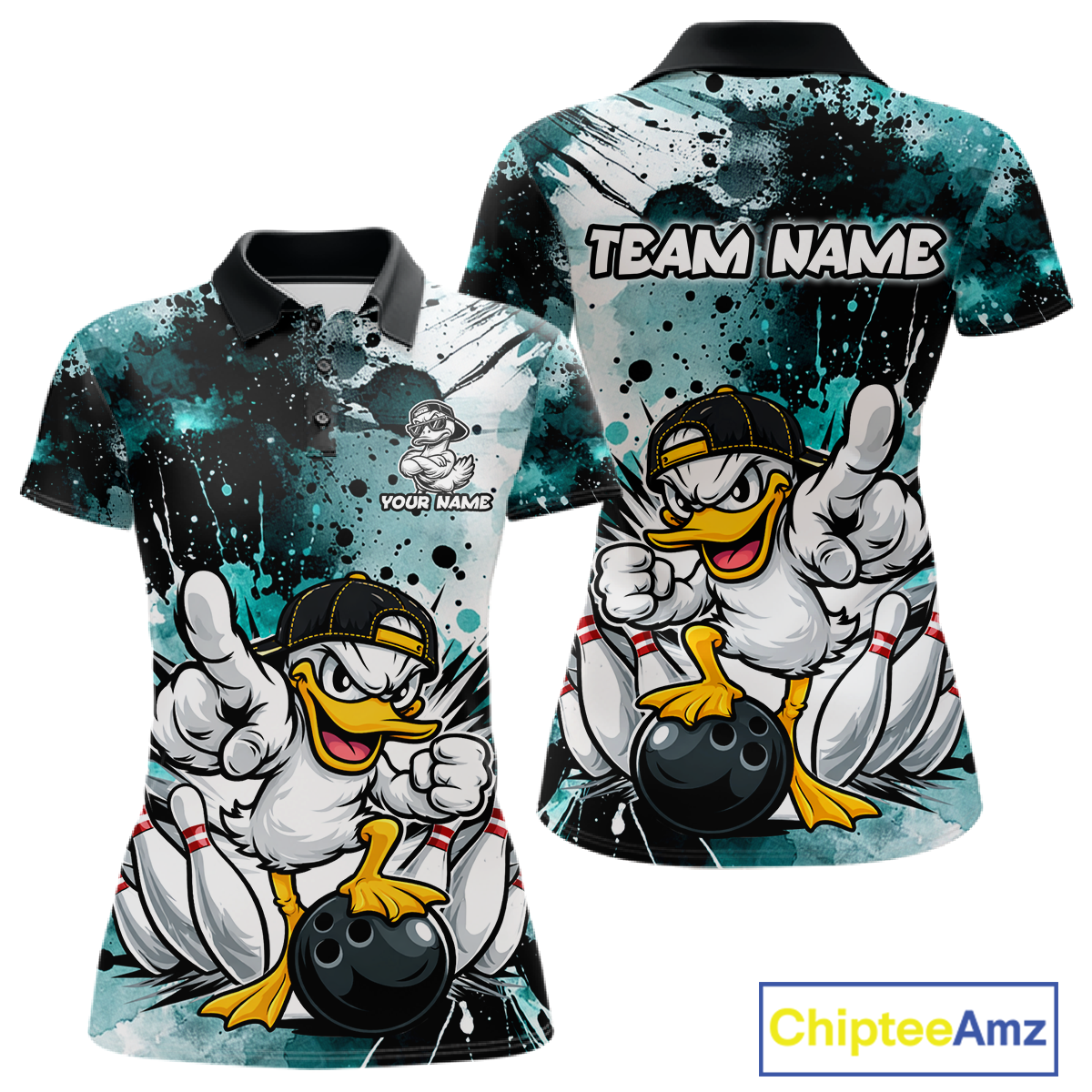 Custom Teal Funny Duck Bowling Jersey for Women Bowling Uniform Polo & 1/4 Zip Bowling Team Shirts HNT237
