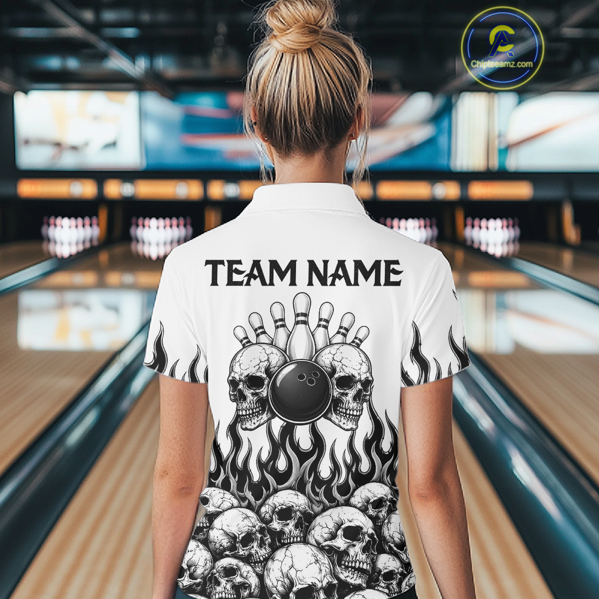 Custom Skull Flame Bowling Jersey for Women Bowling Team Shirts Bowling League Polo & 1/4 Zip HNT305