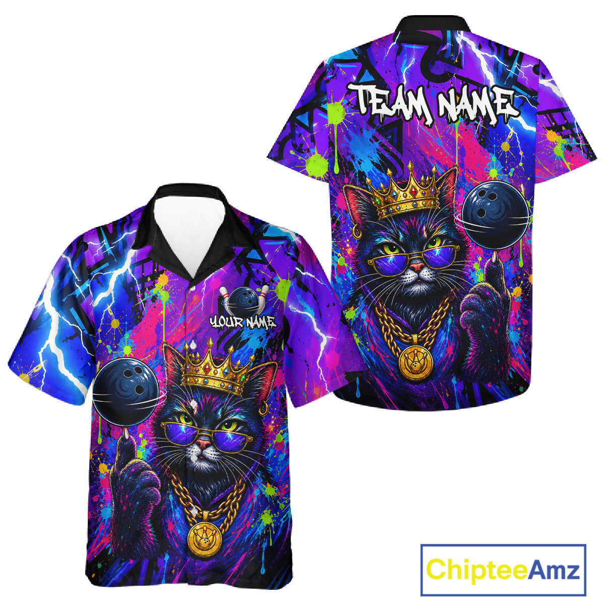 Front and back view personalized bowling hawaiin shirt with a crowned cat holding a bowling ball, blended with colorful paint strokes and graphic patterns.