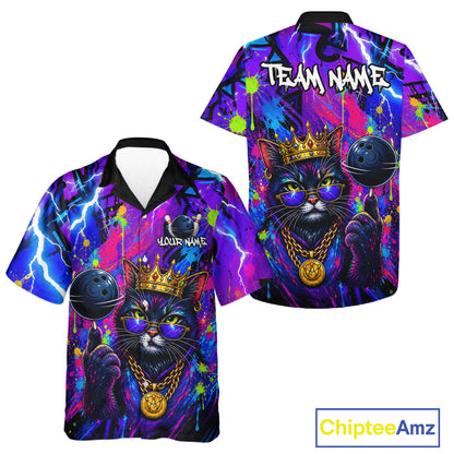 Front and back view personalized bowling hawaiin shirt with a crowned cat holding a bowling ball, blended with colorful paint strokes and graphic patterns.