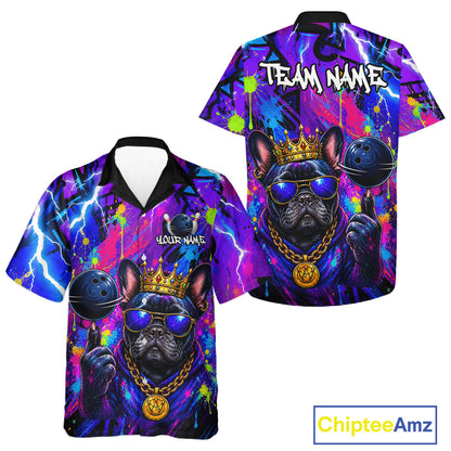 Front and back view personalized bowling hawaiin shirt with a crowned dog holding a bowling ball, surrounded by paint effects and bold graphic patterns.