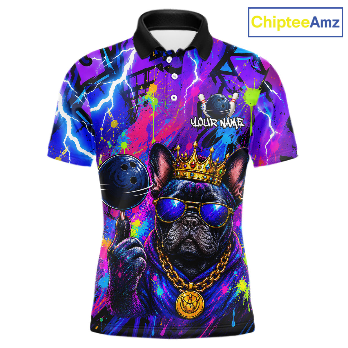 Front view personalized bowling polo shirt with a crowned bulldog holding a bowling ball, surrounded by paint effects and bold graphic patterns.
