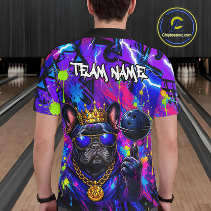 Men wearing personalized bowling polo shirt with a crowned bulldog holding a bowling ball, surrounded by paint effects and bold graphic patterns.