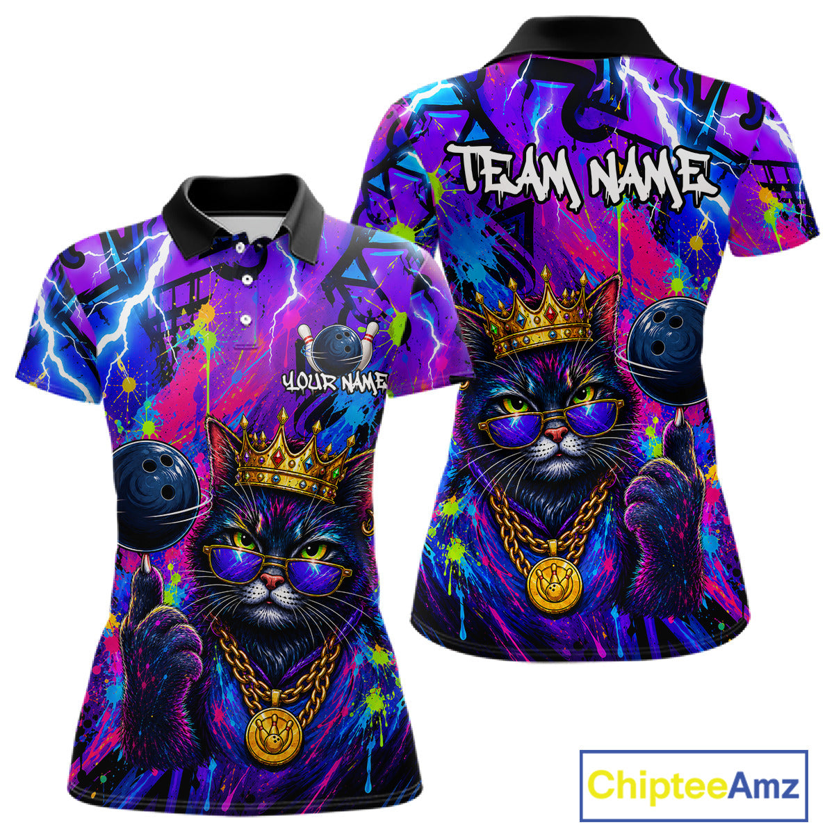Front and back view personalized bowling polo shirt with a crowned cat holding a bowling ball, blended with colorful paint strokes and graphic patterns.