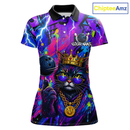 Front view personalized bowling polo shirt with a crowned cat holding a bowling ball, blended with colorful paint strokes and graphic patterns.