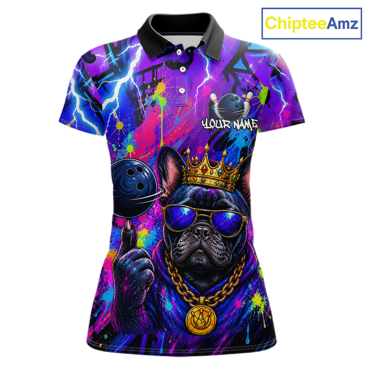 Front view personalized bowling polo shirt with a crowned bulldog holding a bowling ball, surrounded by paint effects and bold graphic patterns.