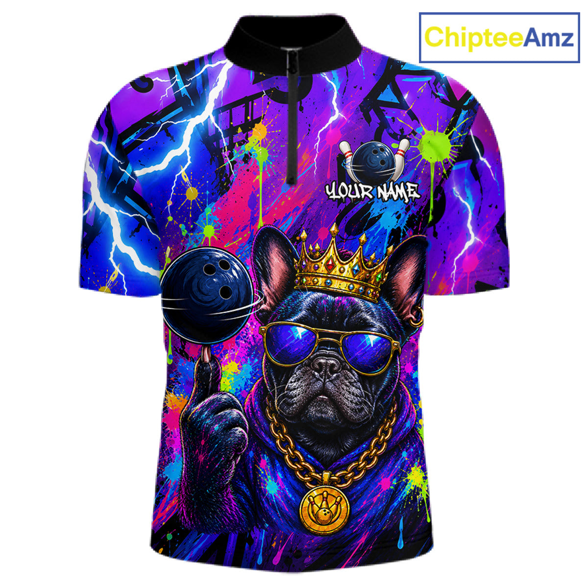 Front view personalized bowling quarter zip shirt with a crowned bulldog holding a bowling ball, surrounded by paint effects and bold graphic patterns.