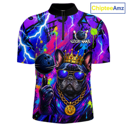 Front view personalized bowling quarter zip shirt with a crowned bulldog holding a bowling ball, surrounded by paint effects and bold graphic patterns.