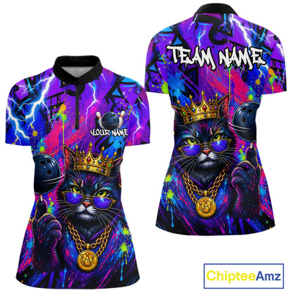 Front and back view personalized bowling quarter zip shirt with a crowned cat holding a bowling ball, blended with colorful paint strokes and graphic patterns.