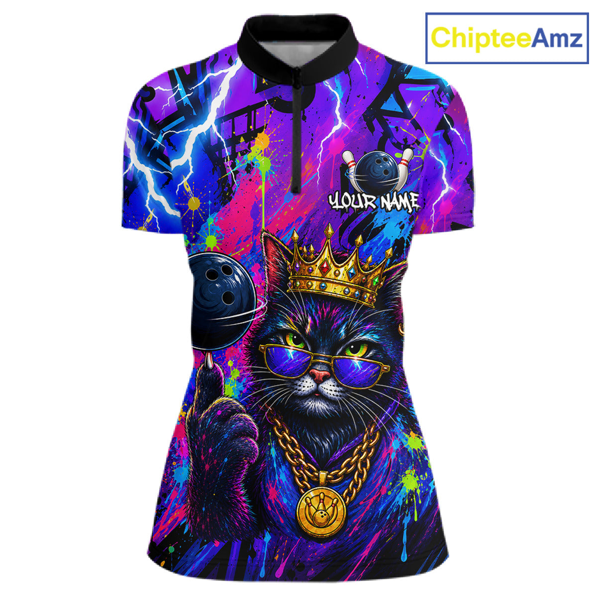 Front view personalized bowling quarter zip shirt with a crowned cat holding a bowling ball, blended with colorful paint strokes and graphic patterns.
