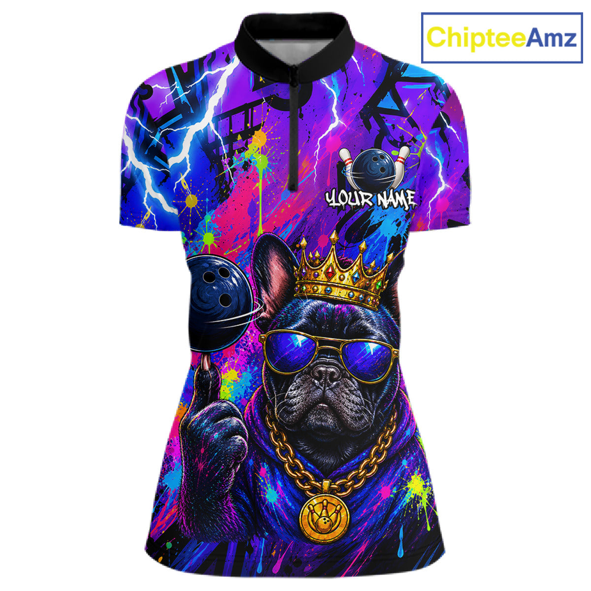 Front view personalized bowling quarter zip shirt with a crowned bulldog holding a bowling ball, surrounded by paint effects and bold graphic patterns.