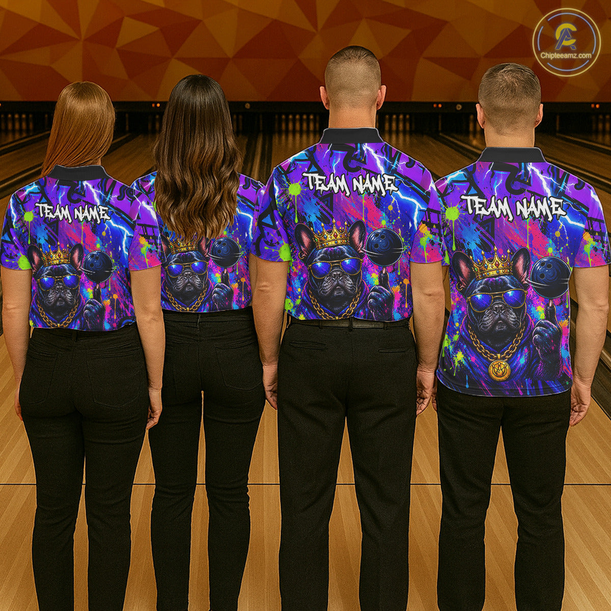 Four people wearing personalized bowling polo shirt with a crowned bulldog holding a bowling ball, surrounded by paint effects and bold graphic patterns.