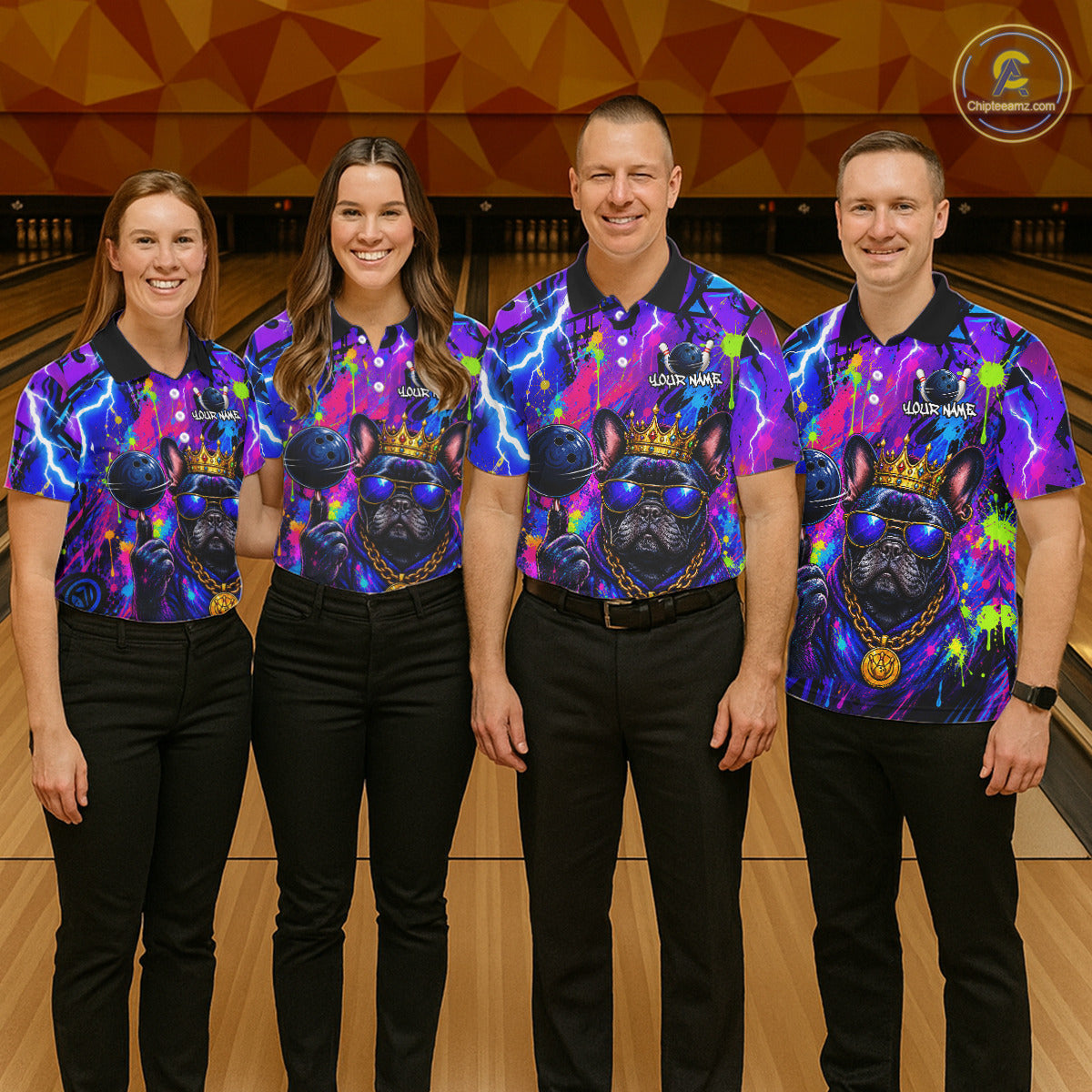 Four people wearing personalized bowling polo shirt with a crowned bulldog holding a bowling ball, surrounded by paint effects and bold graphic patterns.