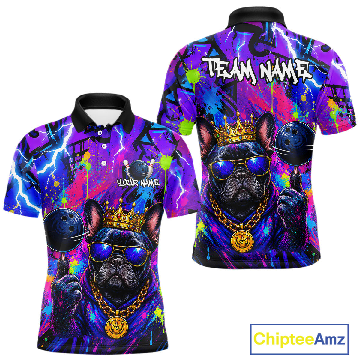 Front and back view personalized bowling polo shirt with a crowned bulldog holding a bowling ball, surrounded by paint effects and bold graphic patterns.