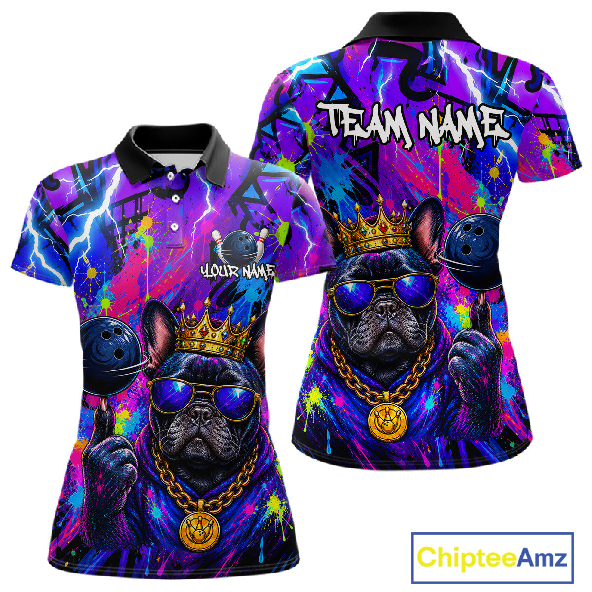 Front and back view personalized bowling polo shirt with a crowned bulldog holding a bowling ball, surrounded by paint effects and bold graphic patterns.