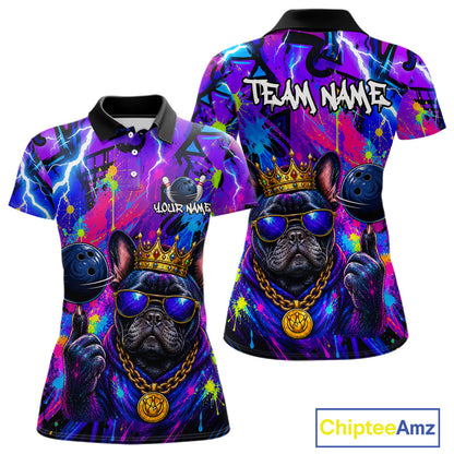 Front and back view personalized bowling polo shirt with a crowned bulldog holding a bowling ball, surrounded by paint effects and bold graphic patterns.