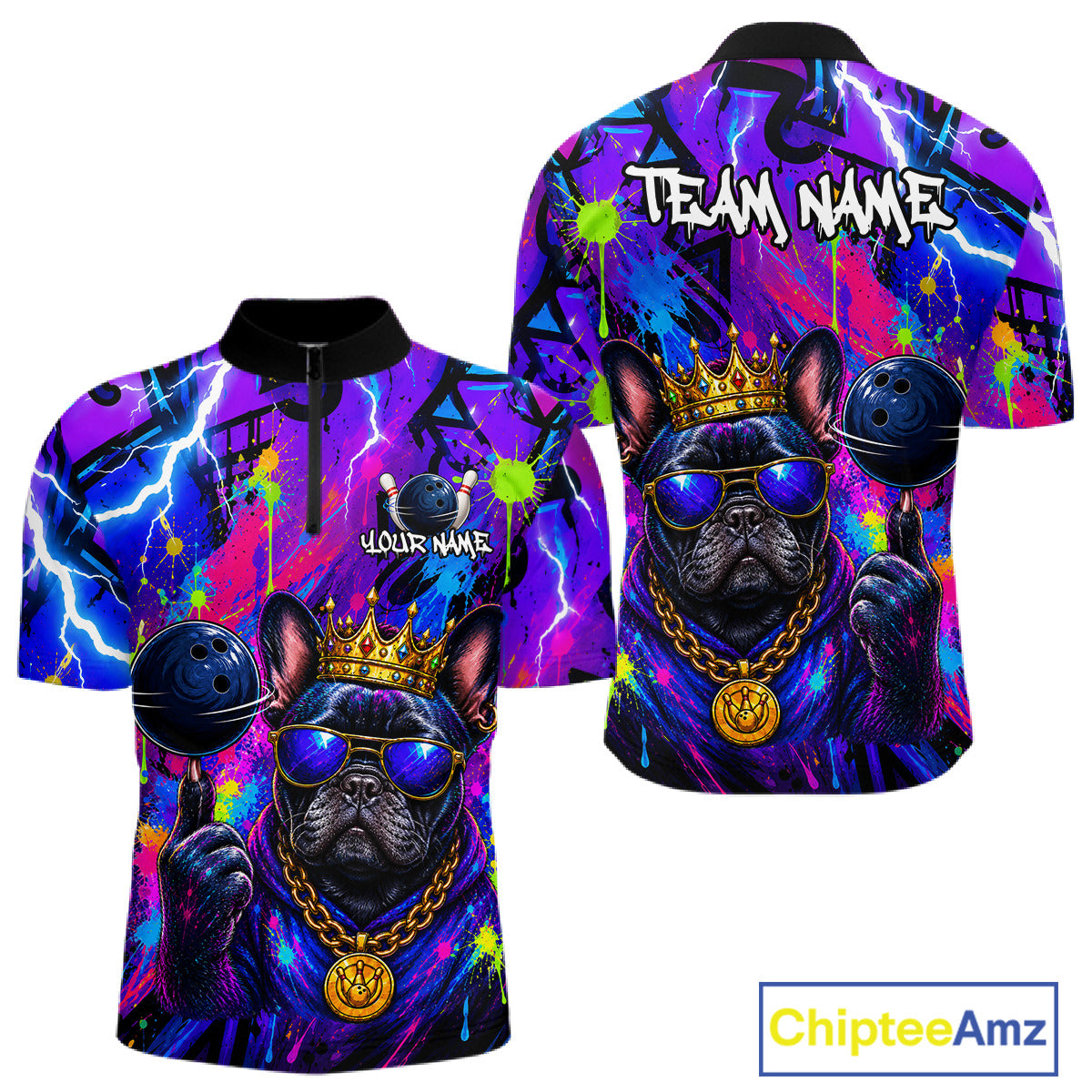 Front and back view personalized bowling quarter zip shirt with a crowned bulldog holding a bowling ball, surrounded by paint effects and bold graphic patterns.