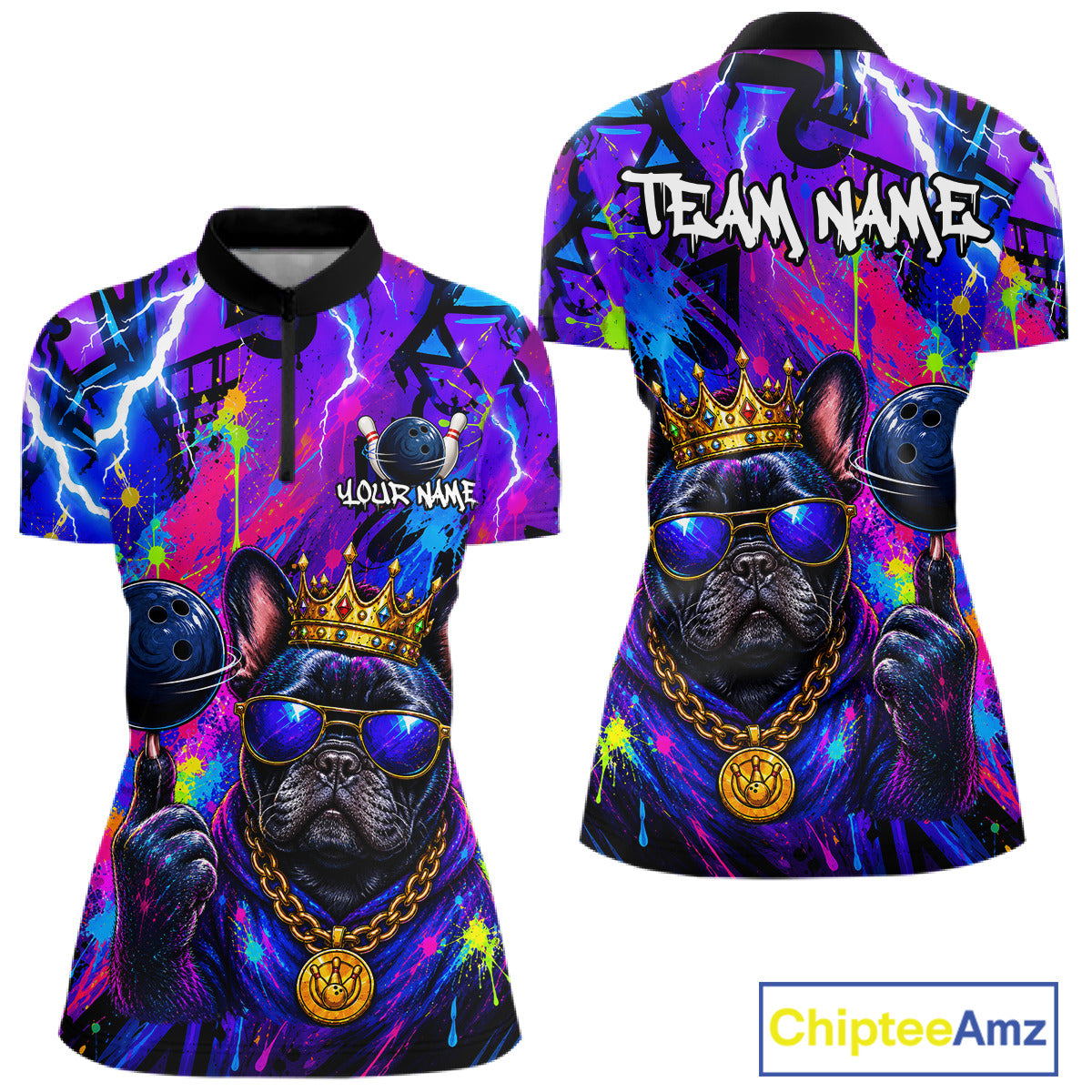 Front and back view personalized bowling quarter zip shirt with a crowned bulldog holding a bowling ball, surrounded by paint effects and bold graphic patterns.