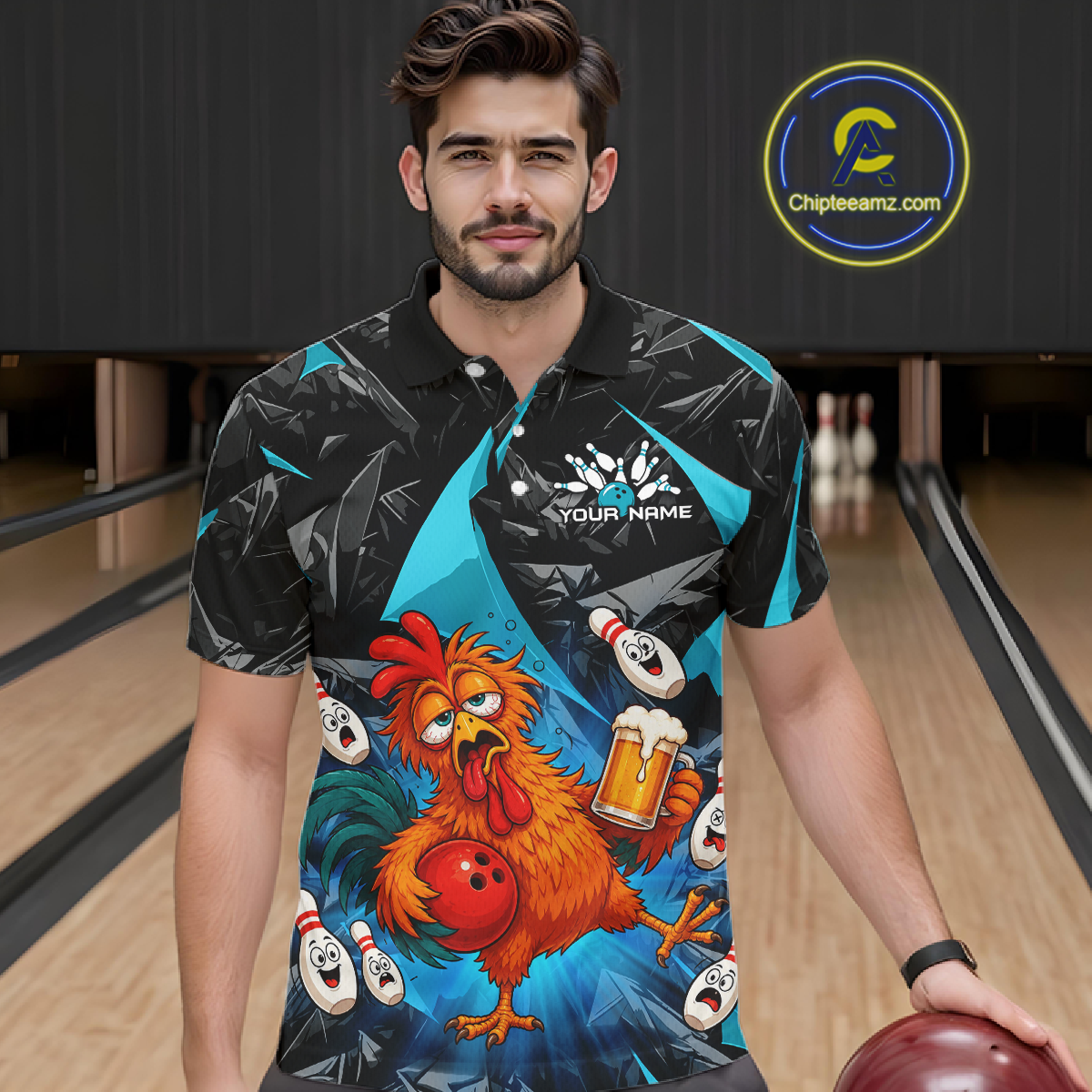 Man wearing a black and turquoise bowling polo featuring a wild rooster mascot holding a beer mug and red bowling ball, with custom your name text.