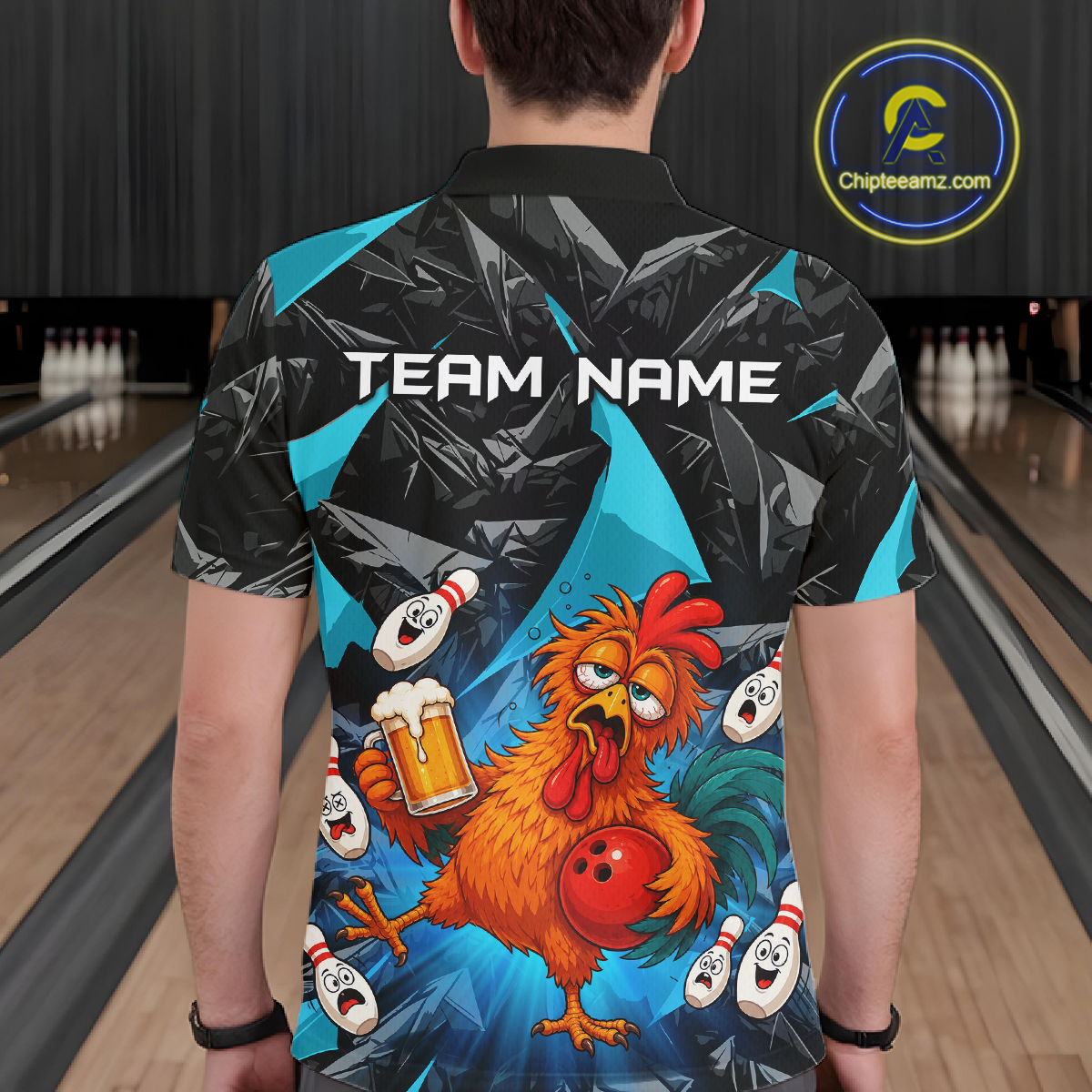 Man wearing a black and turquoise bowling polo featuring a wild rooster mascot holding a beer mug and red bowling ball, with custom team name text.