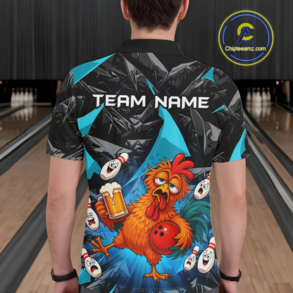 Man wearing a black and turquoise bowling polo featuring a wild rooster mascot holding a beer mug and red bowling ball, with custom team name text.