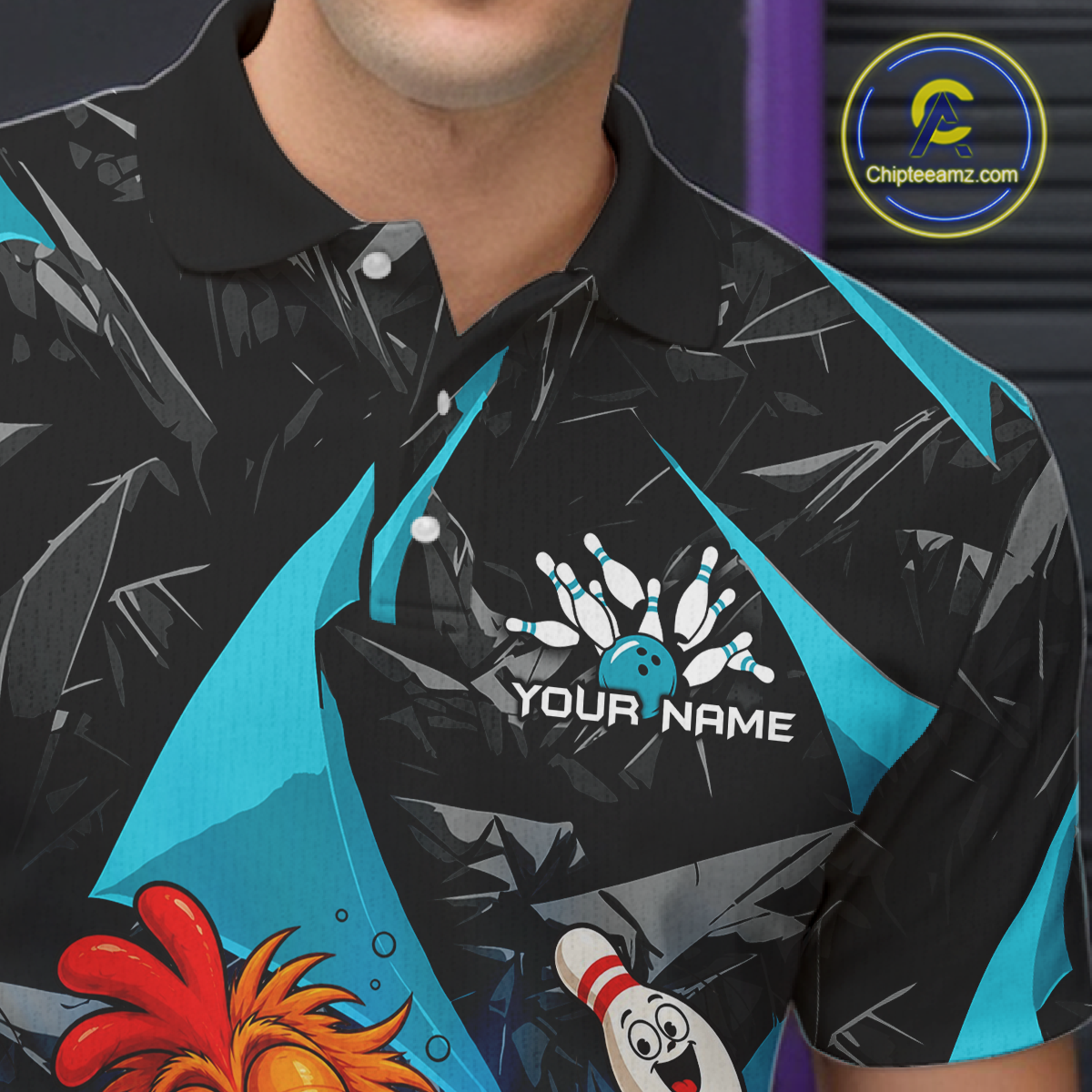 Black and blue bowling-themed shirt with a logo and text on a dark background