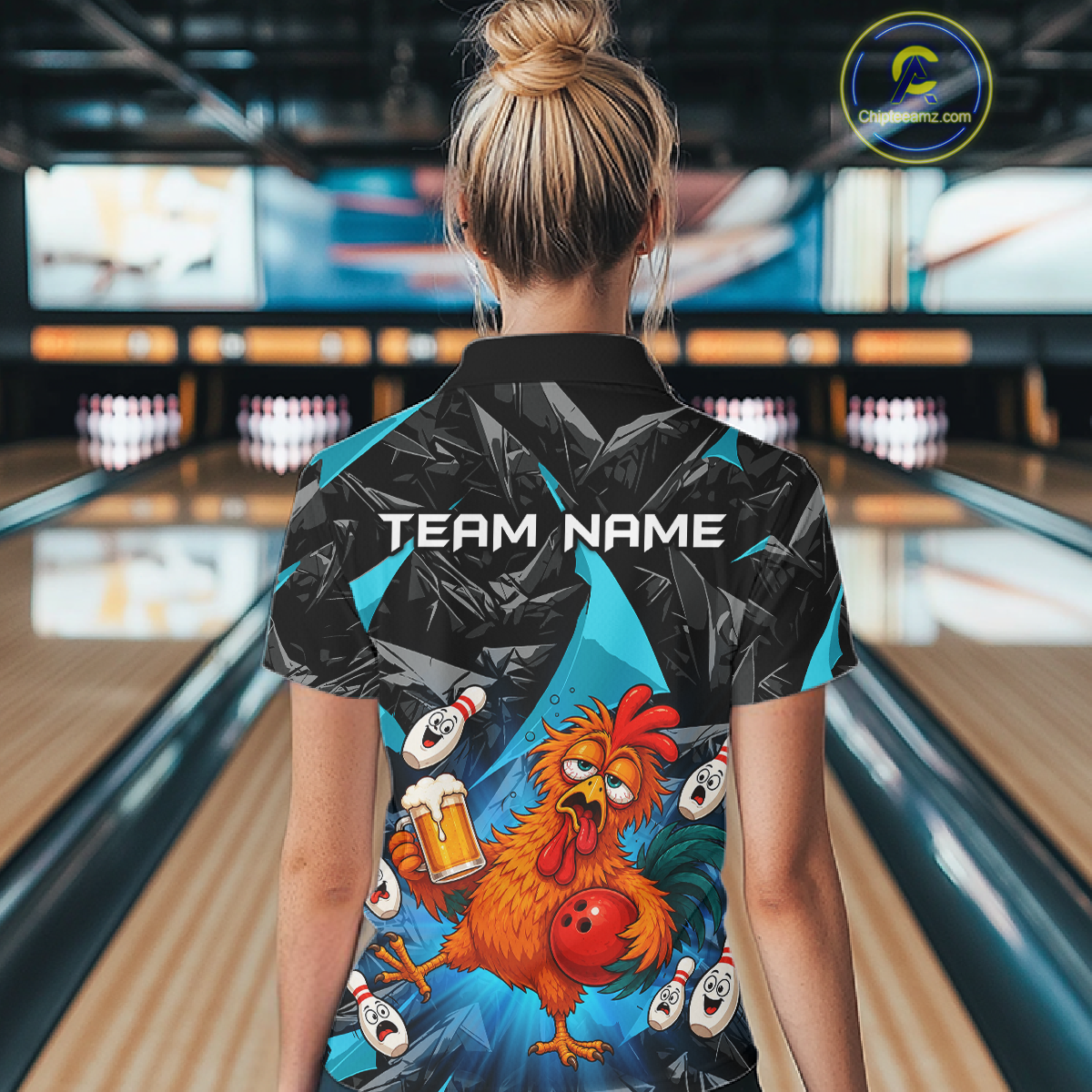 Woman wearing a black and turquoise bowling quarter zip featuring a wild rooster mascot holding a beer mug and red bowling ball, with custom team name text.