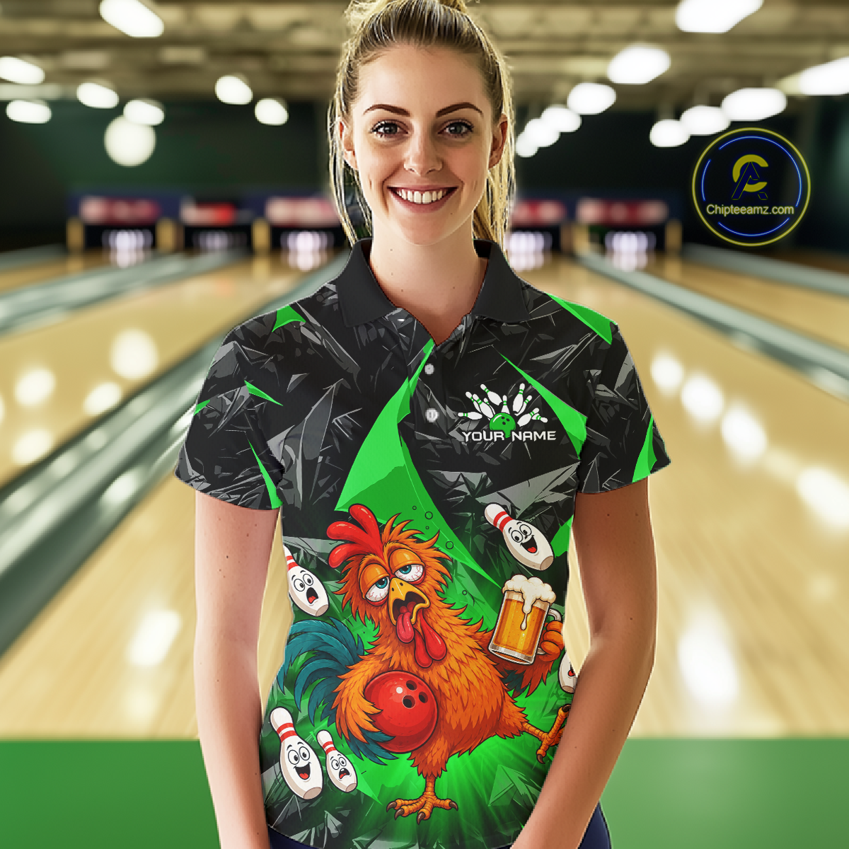 Woman wearing a black and green bowling polo featuring a wild rooster mascot holding a beer mug and red bowling ball, with custom your name text.