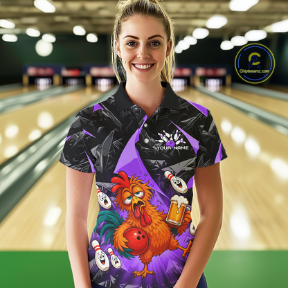 Woman wearing a black and purple bowling polo featuring a wild rooster mascot holding a beer mug and red bowling ball, with custom your name text.