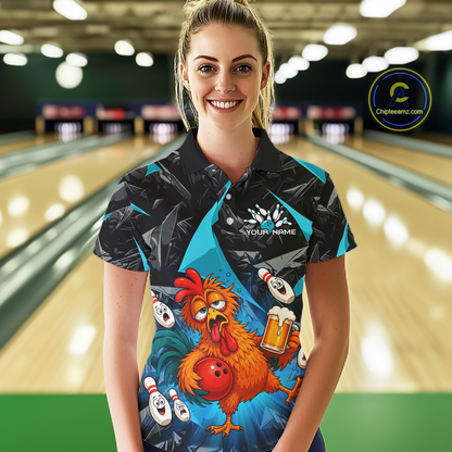 Woman wearing a black and turquoise bowling polo featuring a wild rooster mascot holding a beer mug and red bowling ball, with custom your name text.