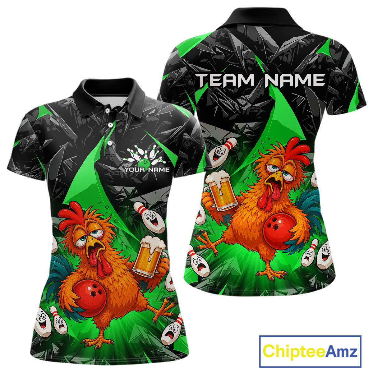 Front and back views of a black and green bowling polo featuring a wild rooster mascot holding a beer mug and red bowling ball, with custom team text.
