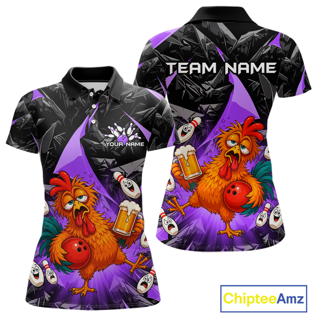 Front and back views of a black and purple bowling polo featuring a wild rooster mascot holding a beer mug and red bowling ball, with custom team text.