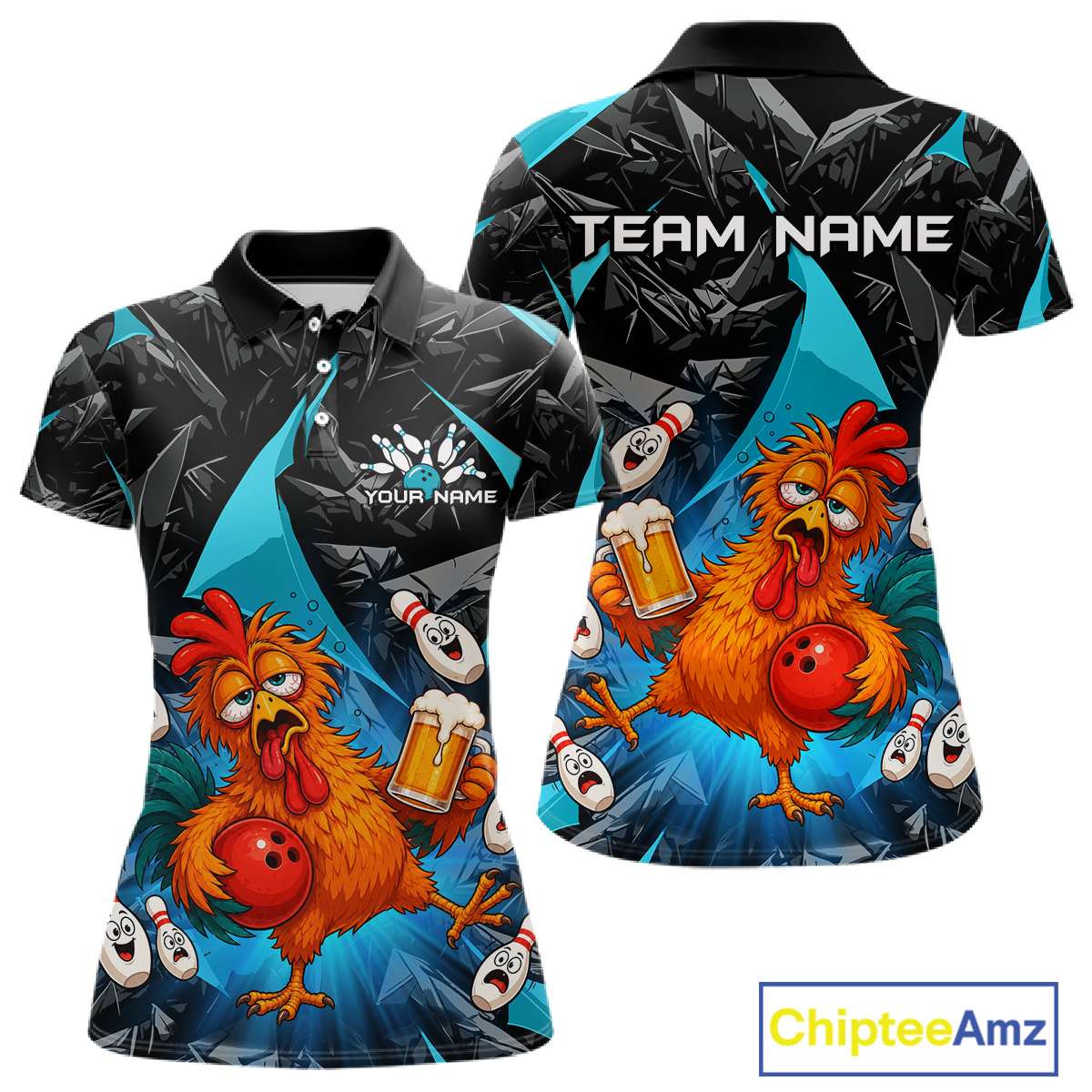 Front and back views of a black and turquoise bowling quarter zip featuring a wild rooster mascot holding a beer mug and red bowling ball, with custom team text.