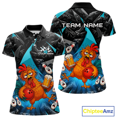 Front and back views of a black and turquoise bowling quarter zip featuring a wild rooster mascot holding a beer mug and red bowling ball, with custom team text.
