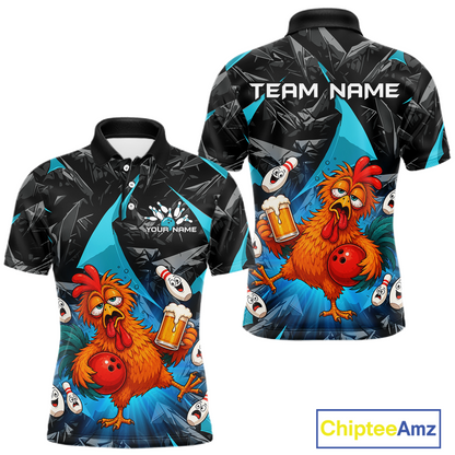 Front and back views of a black and turquoise bowling polo featuring a wild rooster mascot holding a beer mug and red bowling ball, with custom team text.