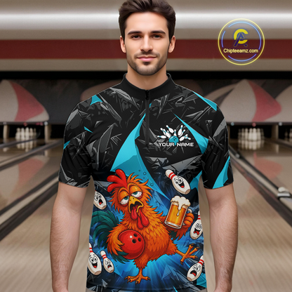 Man wearing a black and turquoise bowling quarter zip featuring a wild rooster mascot holding a beer mug and red bowling ball, with custom your name text.