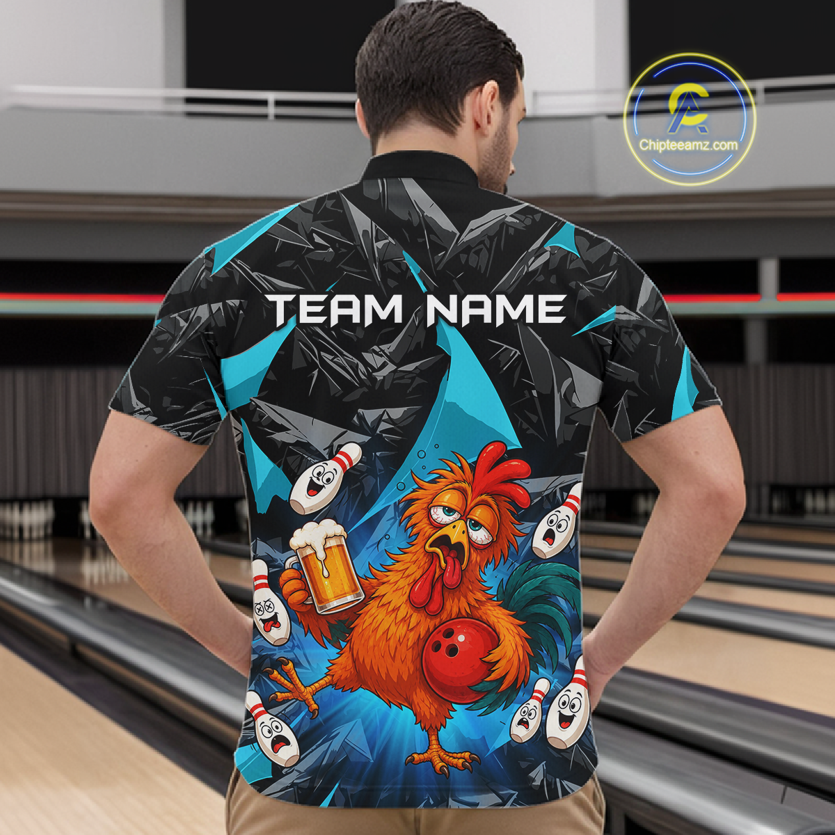 Man wearing a black and turquoise bowling quarter zip featuring a wild rooster mascot holding a beer mug and red bowling ball, with custom team name text.