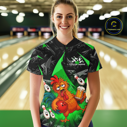 Woman wearing a black and green bowling quarter zip featuring a wild rooster mascot holding a beer mug and red bowling ball, with custom your name text.