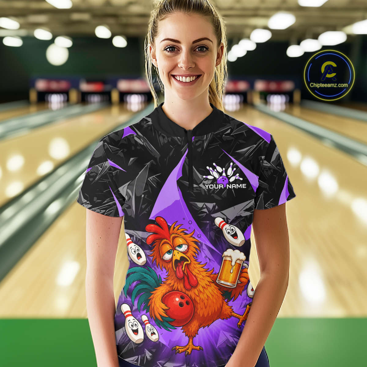 Woman wearing a black and purple bowling quarter zip featuring a wild rooster mascot holding a beer mug and red bowling ball, with custom your name text.