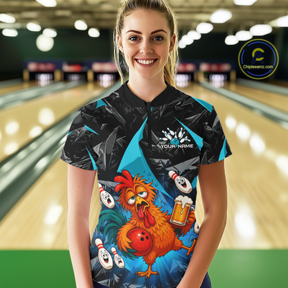 Woman wearing a black and turquoise bowling quarter zip featuring a wild rooster mascot holding a beer mug and red bowling ball, with custom your name text.
