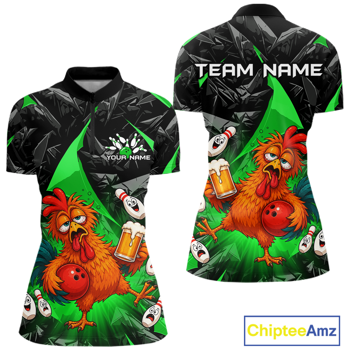 Front and back views of a black and green bowling quarter zip featuring a wild rooster mascot holding a beer mug and red bowling ball, with custom team text.
