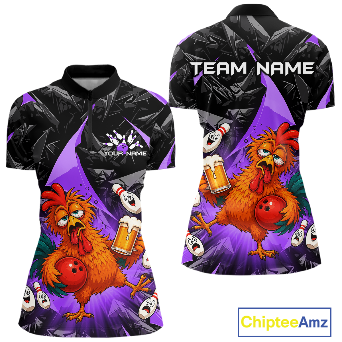 Front and back views of a black and purple bowling quarter zip featuring a wild rooster mascot holding a beer mug and red bowling ball, with custom team text.